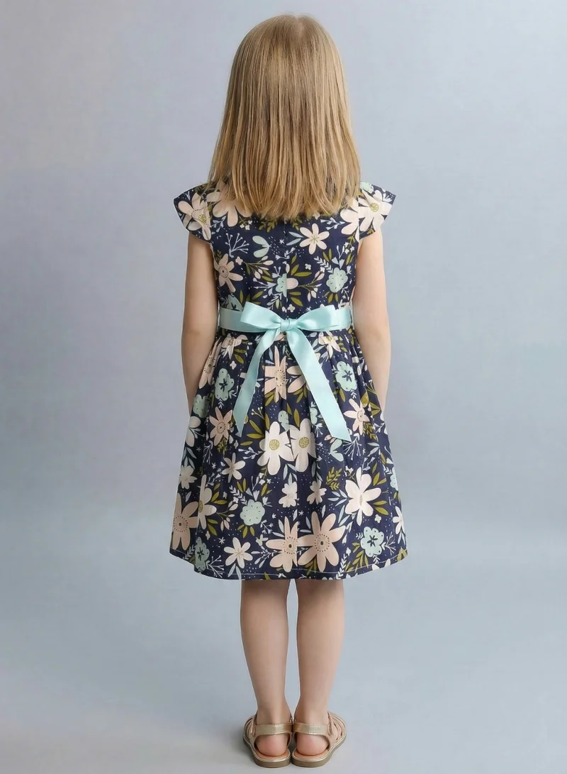 بيبي كلو Girls Navy Floral Print Summer Dress Belted