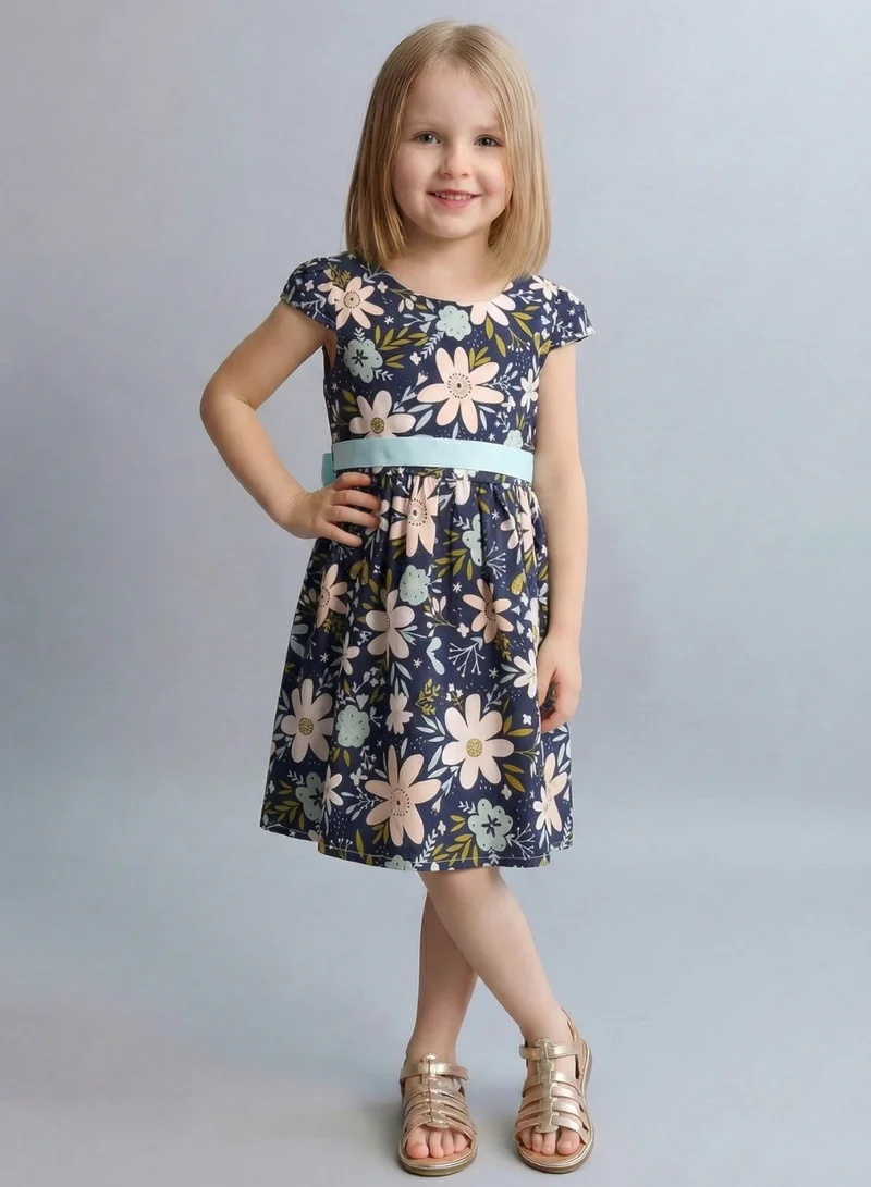 بيبي كلو Girls Navy Floral Print Summer Dress Belted