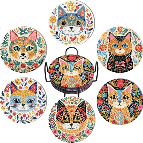 mrpwnle 6 Pack Diamond Art Coasters Kits Cute Cat Diamond Painting Coasters Kit Set with Holder Cork Pads DIY Cat Diamonds Art Non Slip Coaster Crafts Kits for Adults Beginners Gifts - Image 1