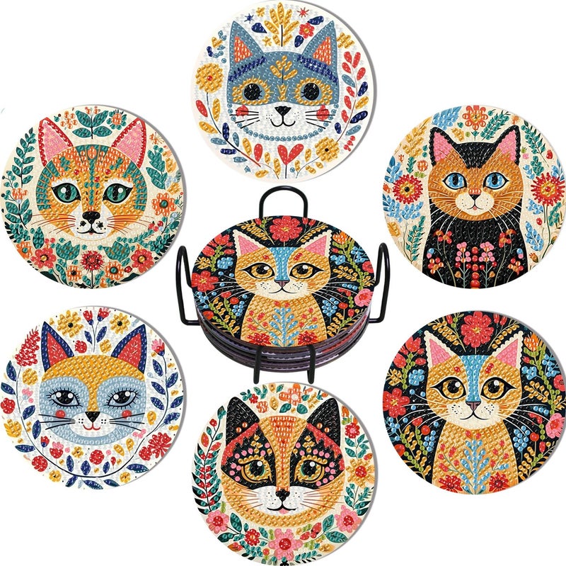 mrpwnle 6 Pack Diamond Art Coasters Kits Cute Cat Diamond Painting Coasters Kit Set with Holder Cork Pads DIY Cat Diamonds Art Non Slip Coaster Crafts Kits for Adults Beginners Gifts - Image 2