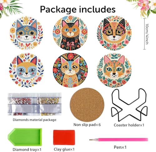 mrpwnle 6 Pack Diamond Art Coasters Kits Cute Cat Diamond Painting Coasters Kit Set with Holder Cork Pads DIY Cat Diamonds Art Non Slip Coaster Crafts Kits for Adults Beginners Gifts - Image 3
