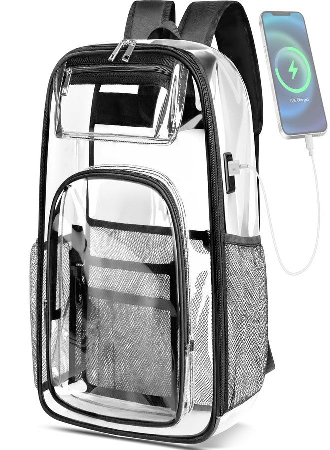 HK Clear Backpack Transparent Backpacks with USB Charging Port for 15.6'' Laptop Large Heavy Duty PVC School Bookbag Stadium Approved See Through Backpack for Women Men Kids Travel Work Security College - Image 1