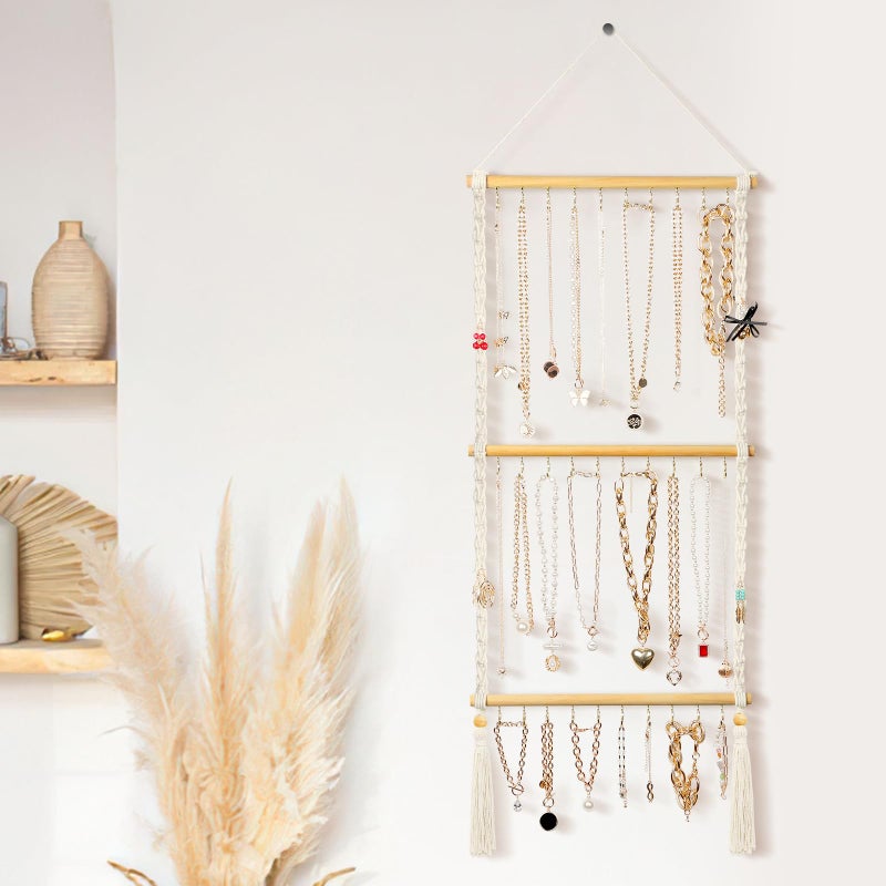 UREYMX Hanging Jewelry Organizer Macrame Necklace Holder, with 30 Hooks, Over Door Necklace Rack, Wall Mounted Jewelry Hanger with Tassel Boho for Necklace Headband Bow Earring Bracelet - Image 5