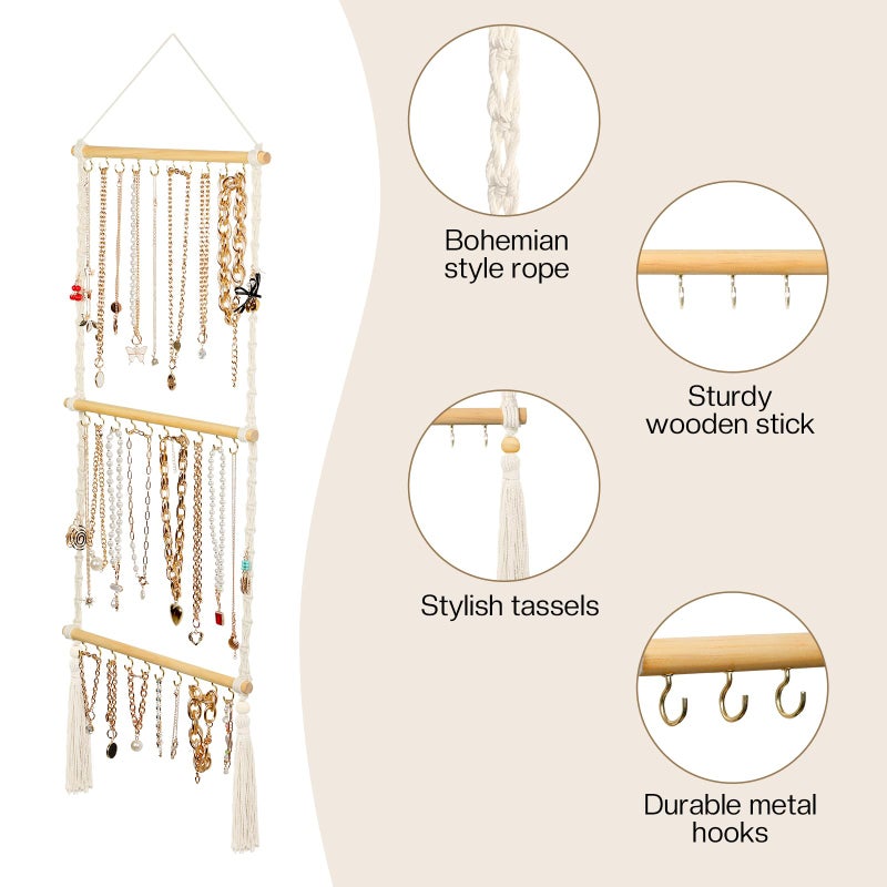 UREYMX Hanging Jewelry Organizer Macrame Necklace Holder, with 30 Hooks, Over Door Necklace Rack, Wall Mounted Jewelry Hanger with Tassel Boho for Necklace Headband Bow Earring Bracelet - Image 3