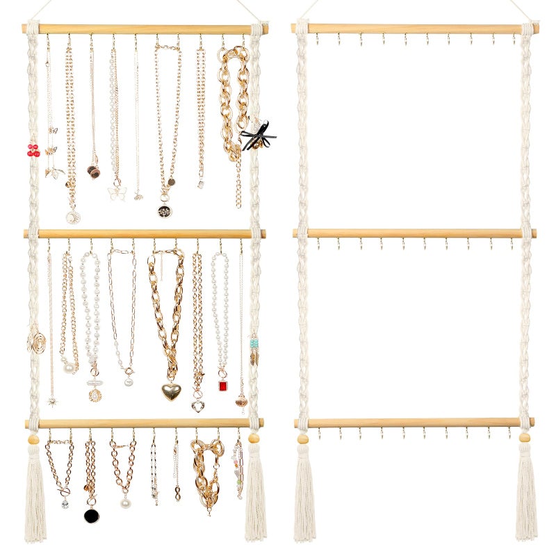 UREYMX Hanging Jewelry Organizer Macrame Necklace Holder, with 30 Hooks, Over Door Necklace Rack, Wall Mounted Jewelry Hanger with Tassel Boho for Necklace Headband Bow Earring Bracelet - Image 1