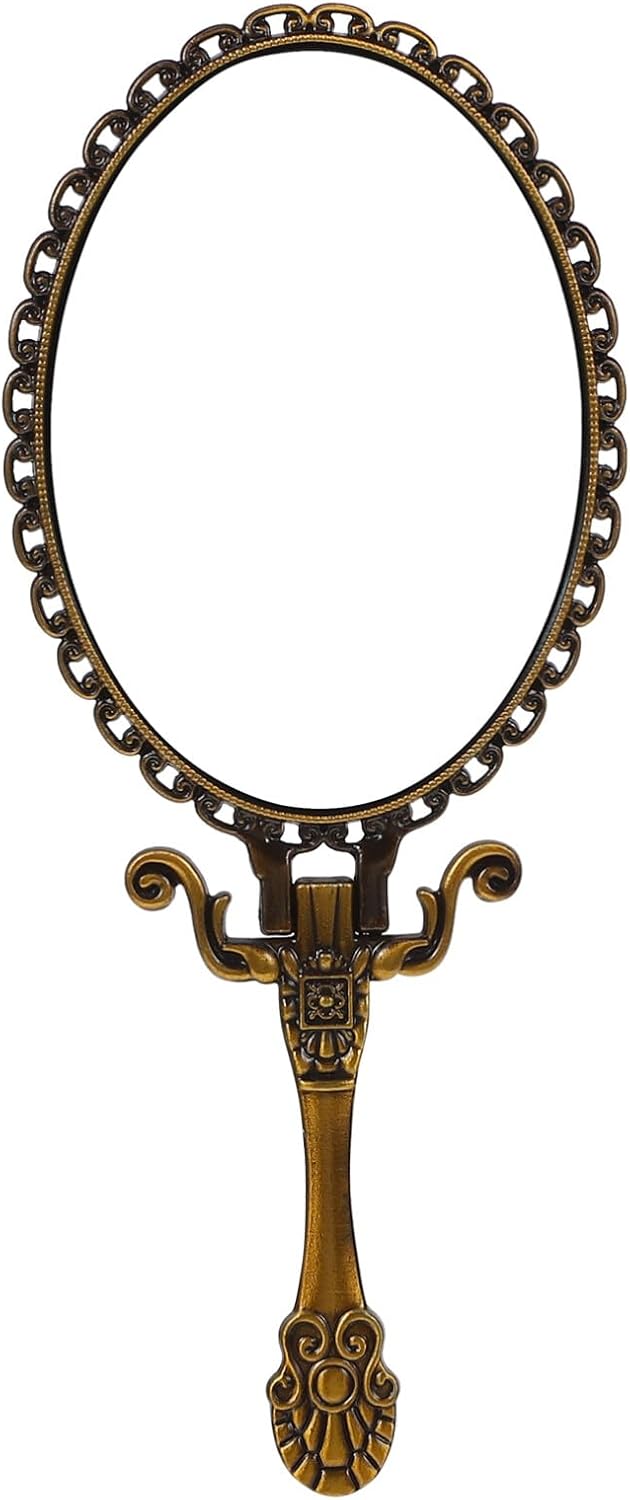 Lurrose Vintage Handheld Makeup Mirror Folding Handle Stand Antique Travel Cosmetic Mirror Bronze Back Foldable Embossed Flower Mirror