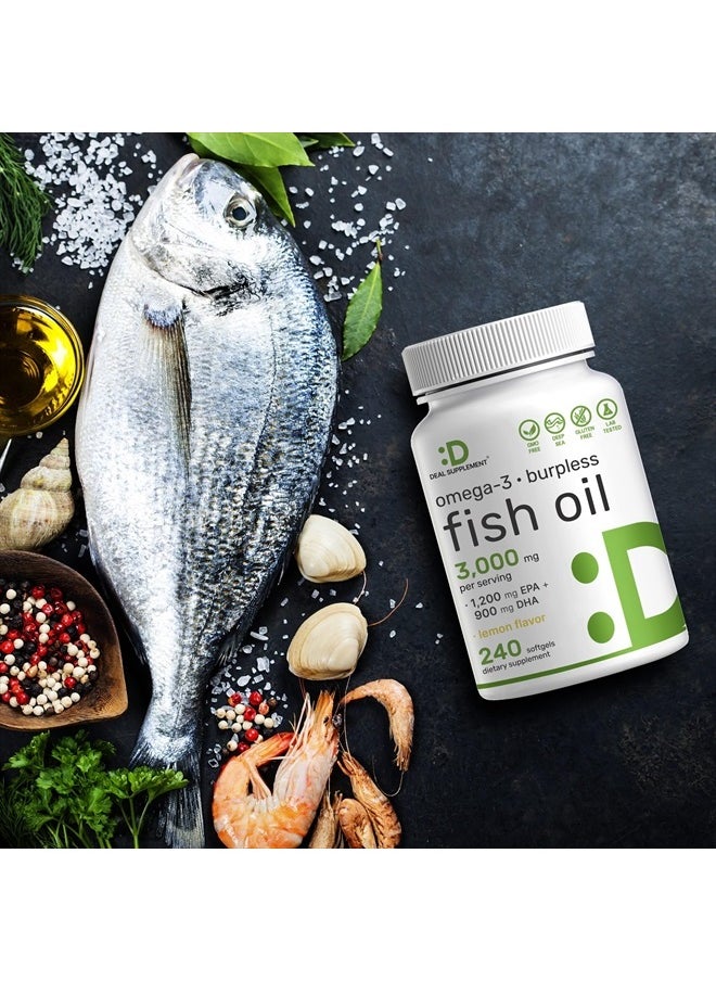 DEAL SUPPLEMENT - Omega 3 Fish Oil Supplements, 3,000mg Per Serving, 240 Softgels – EPA 1,200mg + DHA 900mg – Burpless Pills, Lemon Flavored, Wild Caught – Brain & Heart Support – Mercury Free, Non-GMO - Image 1