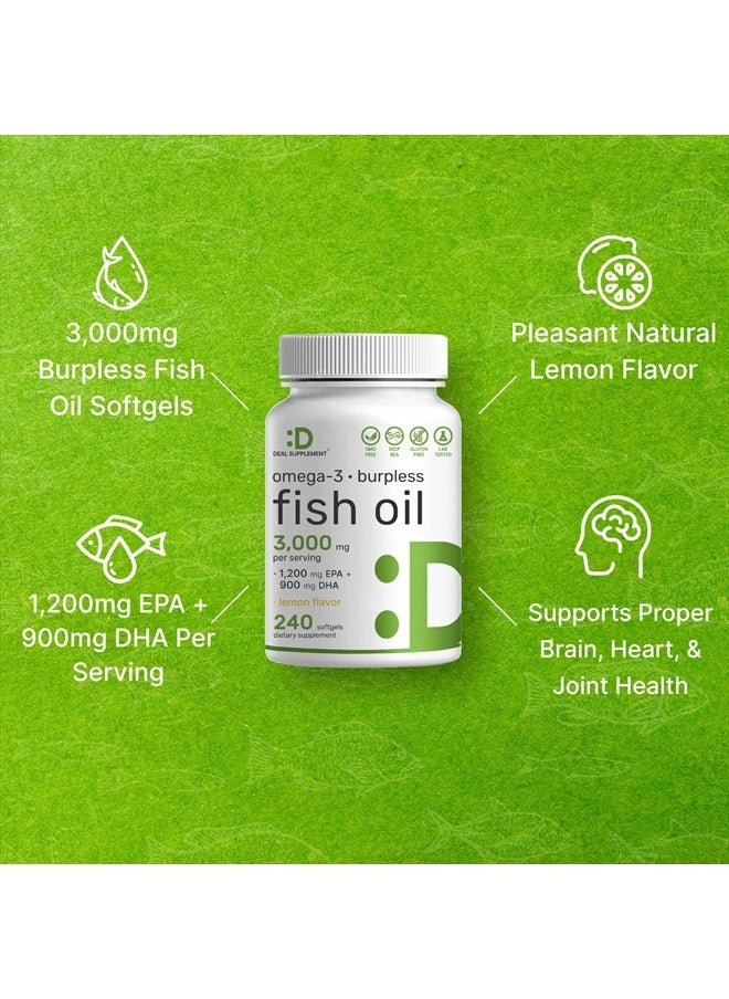 DEAL SUPPLEMENT - Omega 3 Fish Oil Supplements, 3,000mg Per Serving, 240 Softgels – EPA 1,200mg + DHA 900mg – Burpless Pills, Lemon Flavored, Wild Caught – Brain & Heart Support – Mercury Free, Non-GMO - Image 1