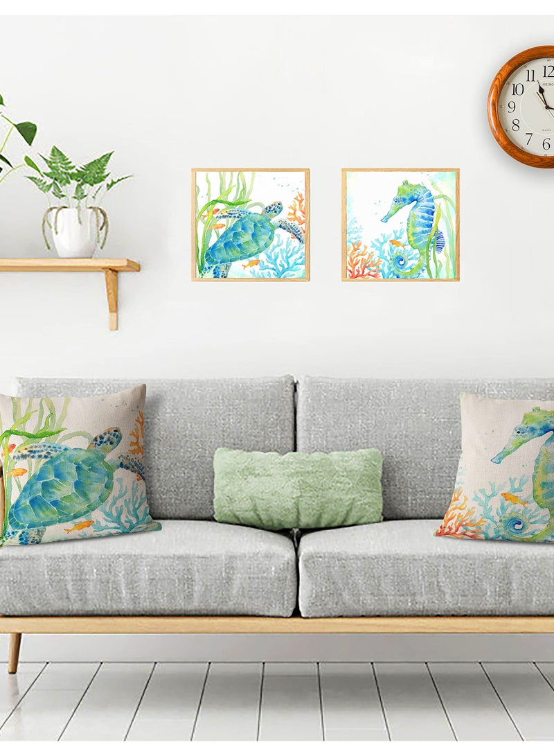 SOLARAE Coastal Throw Pillow Covers, Set of 4, 18x18 Inch Ocean Beach Pillows Cover with Sea Turtle, Seahorse, Fish, Crab Designs, Summer Theme Decor for Patio, Couch, Sofa - Image 2