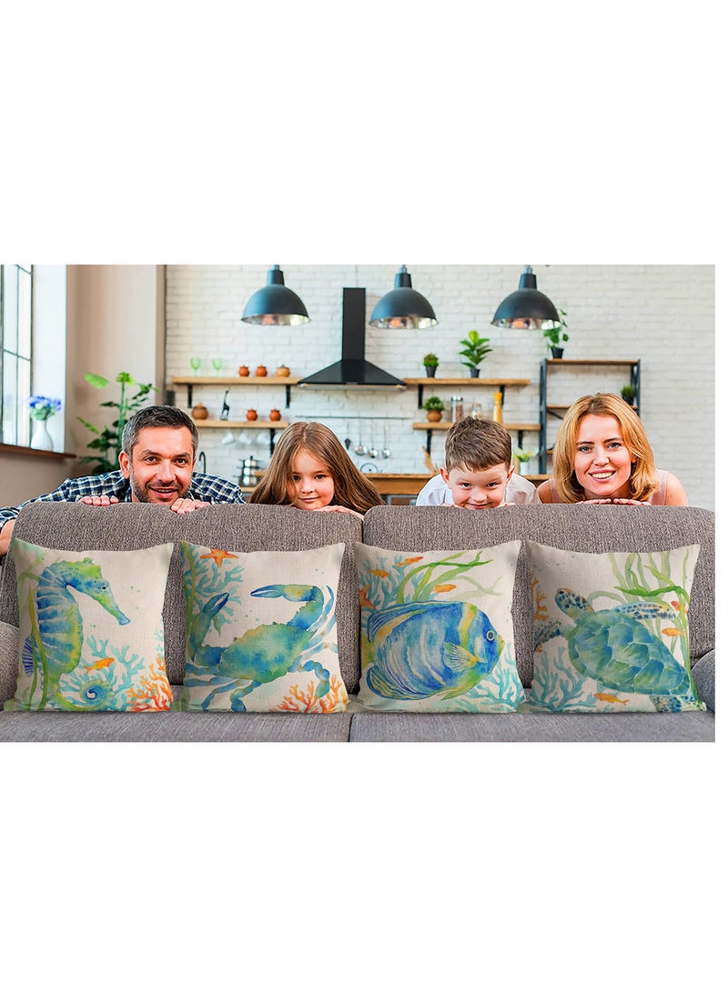 SOLARAE Coastal Throw Pillow Covers, Set of 4, 18x18 Inch Ocean Beach Pillows Cover with Sea Turtle, Seahorse, Fish, Crab Designs, Summer Theme Decor for Patio, Couch, Sofa - Image 3