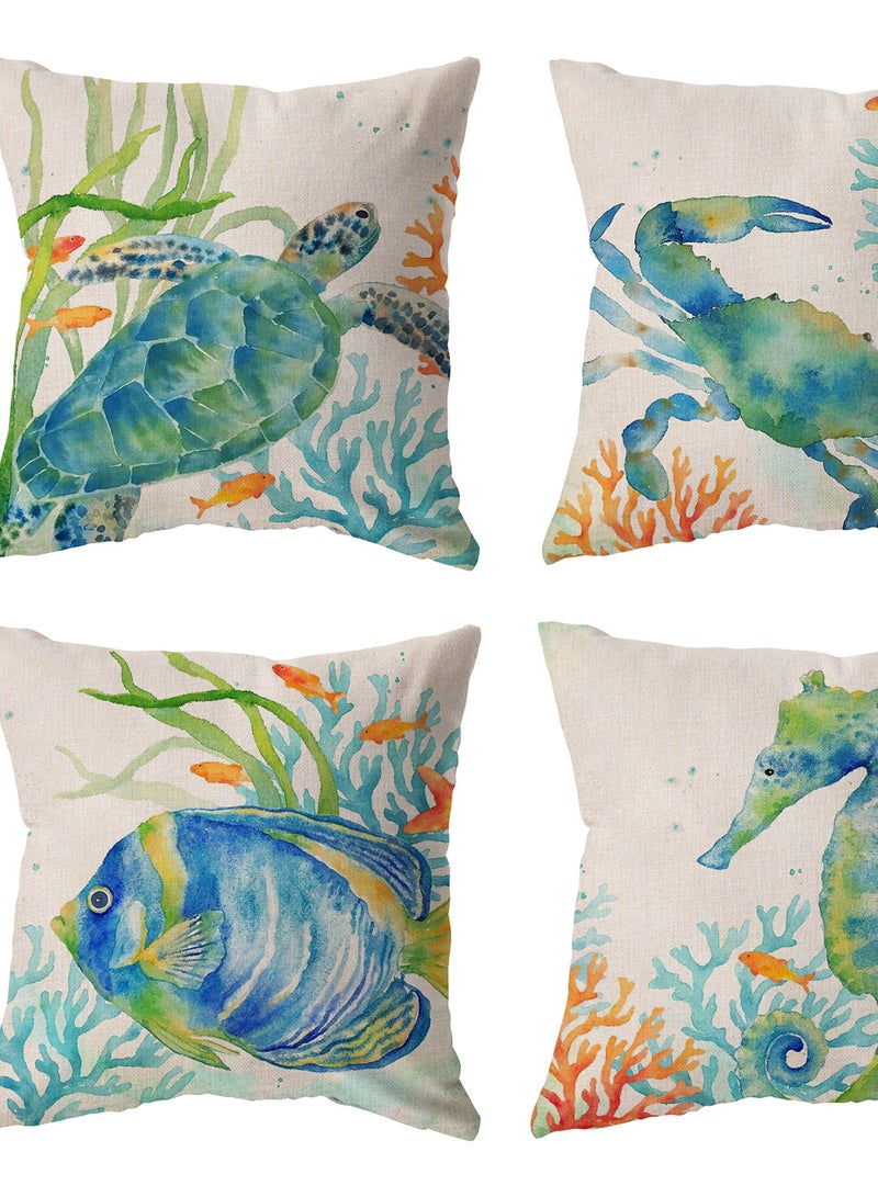 SOLARAE Coastal Throw Pillow Covers, Set of 4, 18x18 Inch Ocean Beach Pillows Cover with Sea Turtle, Seahorse, Fish, Crab Designs, Summer Theme Decor for Patio, Couch, Sofa - Image 4