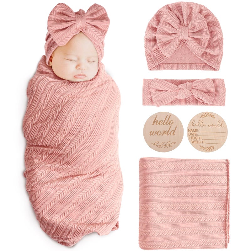 AQOKKA Newborn Receiving Blanket with Bow Hat Headband Wooden Card Set WheatPattern Newborns Toddler Baby Boy Girl Nursery Swaddle Wrap - Image 2