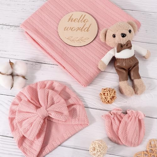 AQOKKA Newborn Receiving Blanket with Bow Hat Headband Wooden Card Set WheatPattern Newborns Toddler Baby Boy Girl Nursery Swaddle Wrap - Image 3