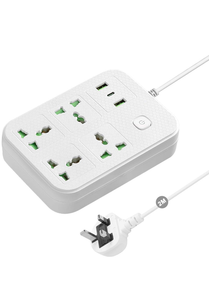 Necomi - Universal Power Cord Expansion Lead Socket, Wall Plug Adapter with,(2.1A)2 x USB, 1 x Type C and 4 Group Smart Power Outlets, Surge Protection UK Plug Power Cord(2M/White) - Image 1