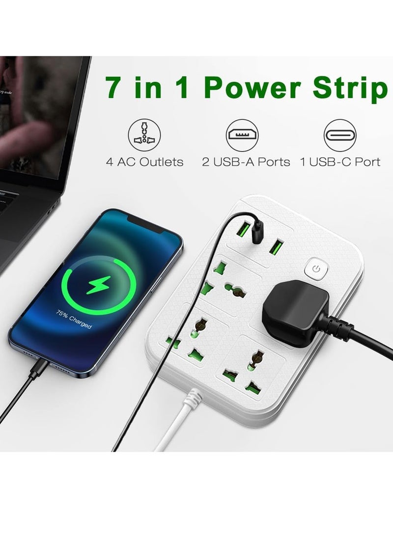 Necomi - Universal Power Cord Expansion Lead Socket, Wall Plug Adapter with,(2.1A)2 x USB, 1 x Type C and 4 Group Smart Power Outlets, Surge Protection UK Plug Power Cord(2M/White) - Image 1