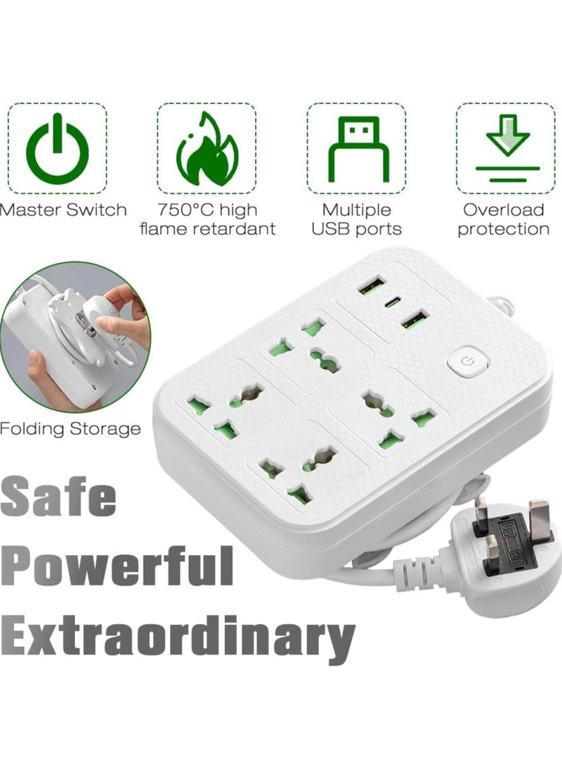 Necomi - Universal Power Cord Expansion Lead Socket, Wall Plug Adapter with,(2.1A)2 x USB, 1 x Type C and 4 Group Smart Power Outlets, Surge Protection UK Plug Power Cord(2M/White) - Image 1