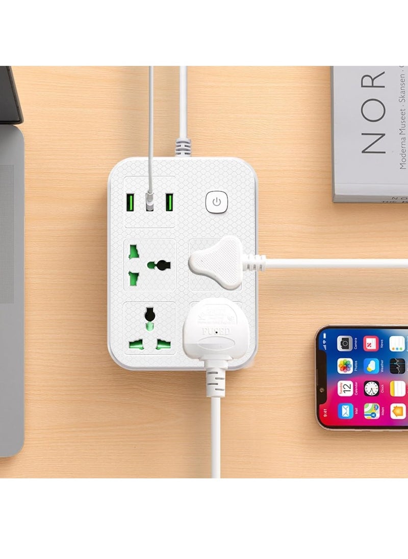 Necomi - Universal Power Cord Expansion Lead Socket, Wall Plug Adapter with,(2.1A)2 x USB, 1 x Type C and 4 Group Smart Power Outlets, Surge Protection UK Plug Power Cord(2M/White) - Image 1