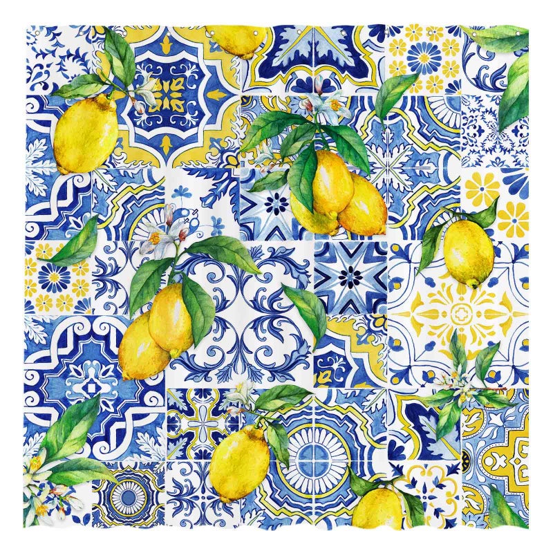 Allenjoy 72 x 72 Blue Tiles Lemon Shower Curtain Summer Fruit Chic Home Bathtubs Bathroom Curtain Decoration Set Washable Soft Durable Polyester Fabric Hooks Not Included