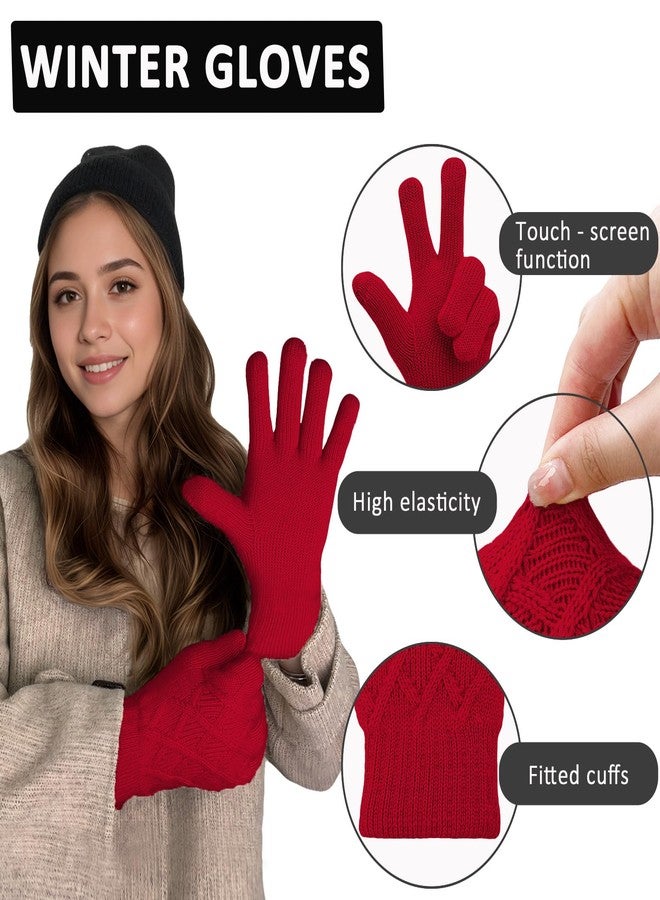 HOPSOOKEN Winter Wool Gloves for Women Men Warm Touch Screen Fleece Lined Elastic Knit Snow Gloves for Cold Weather, Red, One size - Image 3