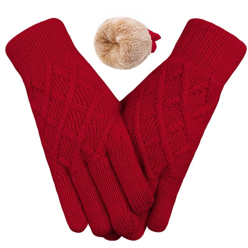 HOPSOOKEN Winter Wool Gloves for Women Men Warm Touch Screen Fleece Lined Elastic Knit Snow Gloves for Cold Weather, Red, One size - Image 1