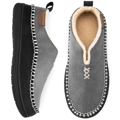 EverFoams Men's Moccasin Slippers Memory Foam Indoor/Outdoor Warm Suede House Shoes with Fuzzy Sherpa Lining (Gray, Size 12 M US) - Image 1