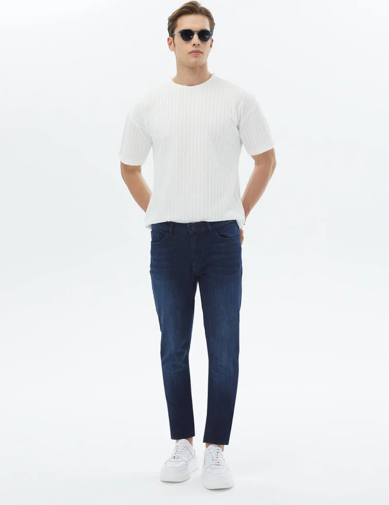 كيب Navy Blue Slim Fit Denim Cotton Blend Trousers