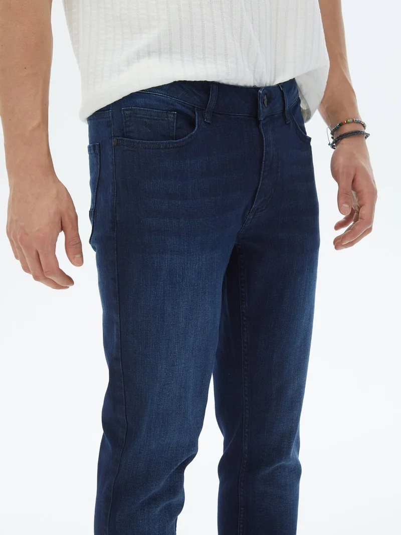 كيب Navy Blue Slim Fit Denim Cotton Blend Trousers