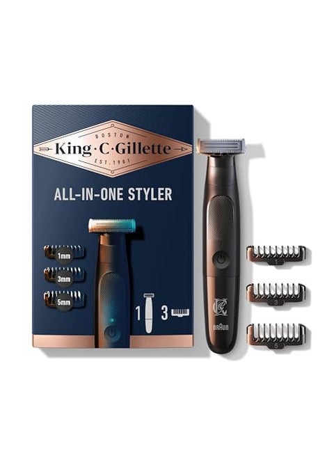 King C. Gillette Men's All-in-One Styler Cordless Stubble Trimmer with 4D Blade and 3 Interchangeable Combs, Waterproof, Beard Trimmer, Beard Care, One Blade Lasts 6 Months