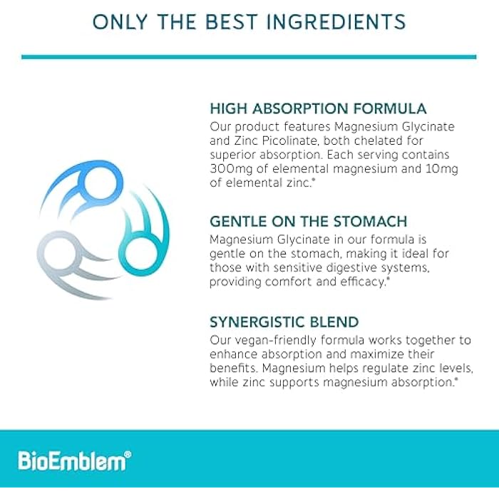 BioEmblem Magnesium Glycinate with Zinc - 300mg Chelated Magnesium Supplement - High Absorption Vegan Non-GMO 2-in-1 Complex - Immune Support, Muscles, Nerves - 90 Capsules - Image 3