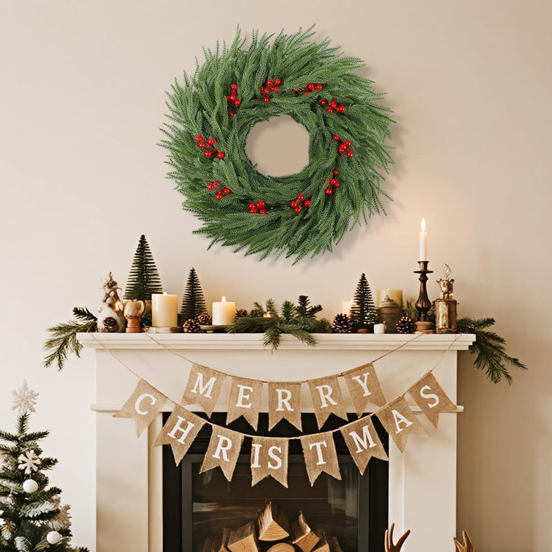 Dr.DuDu Norfolk Pine Christmas Wreaths for Front Door - 24 Inch Artificial Greenery Wreath with Red Berries for Outdoor Indoor Xmas Holiday Decor, Farmhouse Winter Decorations - Image 2