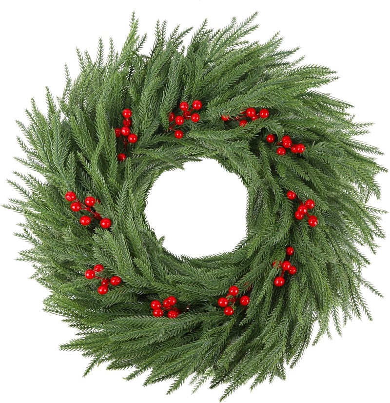 Dr.DuDu Norfolk Pine Christmas Wreaths for Front Door - 24 Inch Artificial Greenery Wreath with Red Berries for Outdoor Indoor Xmas Holiday Decor, Farmhouse Winter Decorations - Image 1