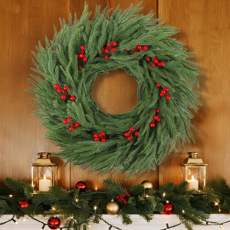 Dr.DuDu Norfolk Pine Christmas Wreaths for Front Door - 24 Inch Artificial Greenery Wreath with Red Berries for Outdoor Indoor Xmas Holiday Decor, Farmhouse Winter Decorations - Image 4