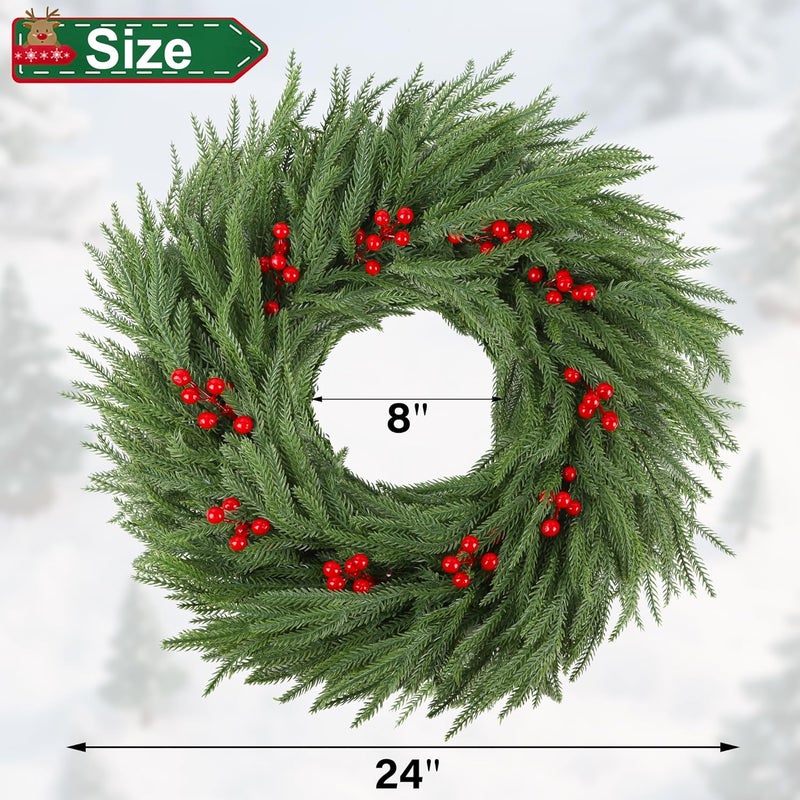 Dr.DuDu Norfolk Pine Christmas Wreaths for Front Door - 24 Inch Artificial Greenery Wreath with Red Berries for Outdoor Indoor Xmas Holiday Decor, Farmhouse Winter Decorations - Image 3