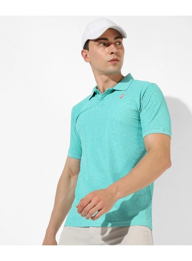 Campus Sutra Men's Aqua Blue Solid Polo Activewear T-Shirt