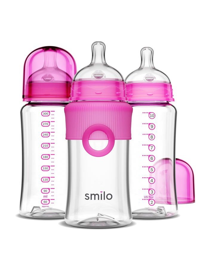 Smilo مجموعة زجاجات رضاعة للأطفال مع حلمة مضادة للمغص للمرحلة 0 بتدفق بطيء، سعة 10 أوقية / 300 مل، عبوة من 3 زجاجات رضاعة مضادة للمغص للأطفال من عمر 0-3 أشهر - وردي - Image 1