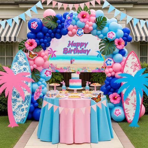 froufing Pastel Pink and Blue Balloon Garland Arch with paper cards banner backdrop Artificial Palm Leaves for kids cartoon Hawaii gender reveal Baby shower birthday halloween trunk or treat party decorations - Image 1