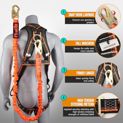 QFU Full Body Safety Harness & Fall Protection Kit with Padded Straps, ANSI Compliant, Includes Shock-Absorbing Lanyard for Roofing, Construction and Industrial Use - Image 3