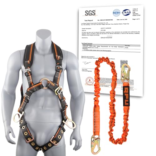 QFU Full Body Safety Harness & Fall Protection Kit with Padded Straps, ANSI Compliant, Includes Shock-Absorbing Lanyard for Roofing, Construction and Industrial Use - Image 1
