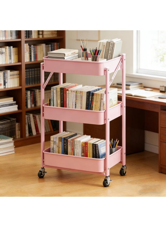 Nadrab Installation free open three-layer wheeled storage handcart, easy to install, suitable for offices, living rooms, study rooms, pink - Image 3