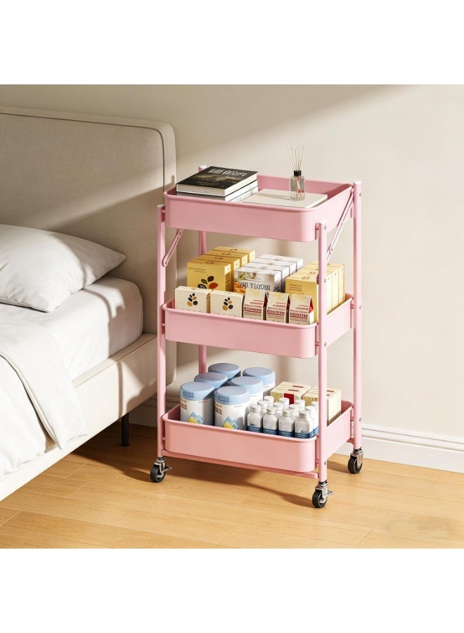 Nadrab Installation free open three-layer wheeled storage handcart, easy to install, suitable for offices, living rooms, study rooms, pink - Image 4