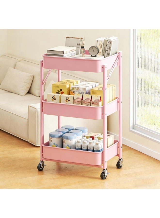 Nadrab Installation free open three-layer wheeled storage handcart, easy to install, suitable for offices, living rooms, study rooms, pink - Image 1