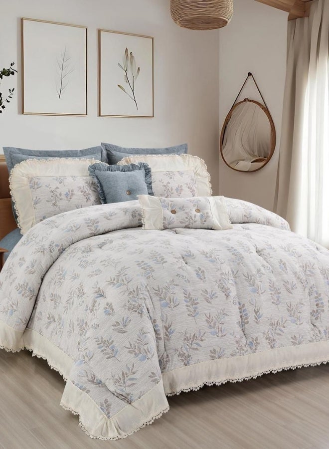 INREST Blue Meadow Single Comforter Set 170 × 230 cm Luxury 5 Pieces 100% Microfiber Ivory Blue Floral Lace Bedding Set - Image 1