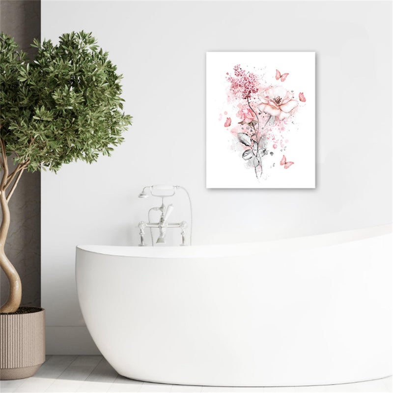 LB Pink Flower Wall Art Pink Butterfly Grey Leaf Canvas Wall Art for Bedroom Fantasy Floral Painting Wood Framed Prints Wall Decor for Living Room Bathroom,12x16 inches - Image 4