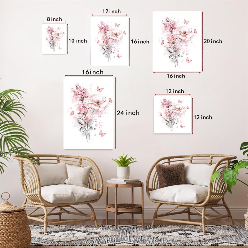 LB Pink Flower Wall Art Pink Butterfly Grey Leaf Canvas Wall Art for Bedroom Fantasy Floral Painting Wood Framed Prints Wall Decor for Living Room Bathroom,12x16 inches - Image 3