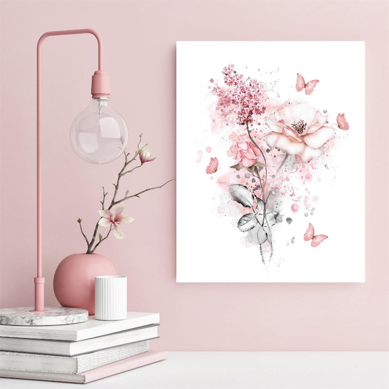 LB Pink Flower Wall Art Pink Butterfly Grey Leaf Canvas Wall Art for Bedroom Fantasy Floral Painting Wood Framed Prints Wall Decor for Living Room Bathroom,12x16 inches - Image 2