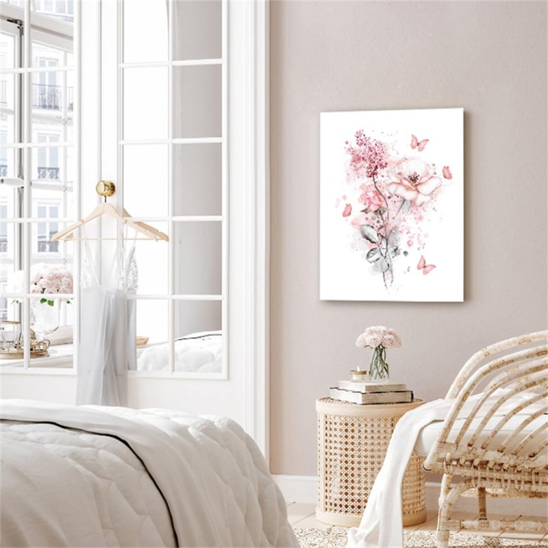 LB Pink Flower Wall Art Pink Butterfly Grey Leaf Canvas Wall Art for Bedroom Fantasy Floral Painting Wood Framed Prints Wall Decor for Living Room Bathroom,12x16 inches - Image 5