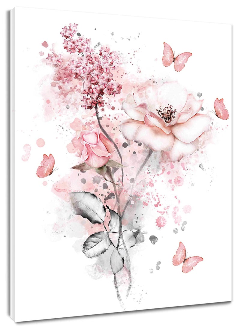 LB Pink Flower Wall Art Pink Butterfly Grey Leaf Canvas Wall Art for Bedroom Fantasy Floral Painting Wood Framed Prints Wall Decor for Living Room Bathroom,12x16 inches - Image 1