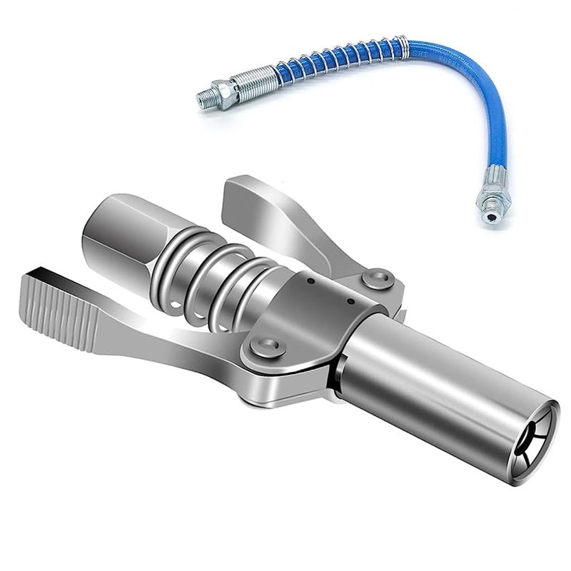 STHIRA Grease Gun Coupler, Strong Lock Release Grease Coupler, 12000 PSI Quick Release Metal Grease Gun Coupler Dual Handle Grease Gun Tip 30cm Hose Compatible with All Grease Gun 1/8" NPT Grease Gun Fitting - Image 1