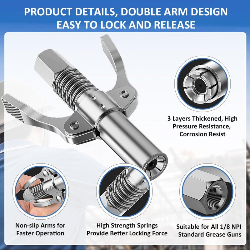 STHIRA Grease Gun Coupler, Strong Lock Release Grease Coupler, 12000 PSI Quick Release Metal Grease Gun Coupler Dual Handle Grease Gun Tip 30cm Hose Compatible with All Grease Gun 1/8" NPT Grease Gun Fitting - Image 4
