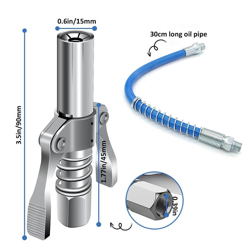 STHIRA Grease Gun Coupler, Strong Lock Release Grease Coupler, 12000 PSI Quick Release Metal Grease Gun Coupler Dual Handle Grease Gun Tip 30cm Hose Compatible with All Grease Gun 1/8" NPT Grease Gun Fitting - Image 2